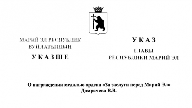 Василия Домрачева наградили медалью ордена «За заслуги перед Марий Эл»